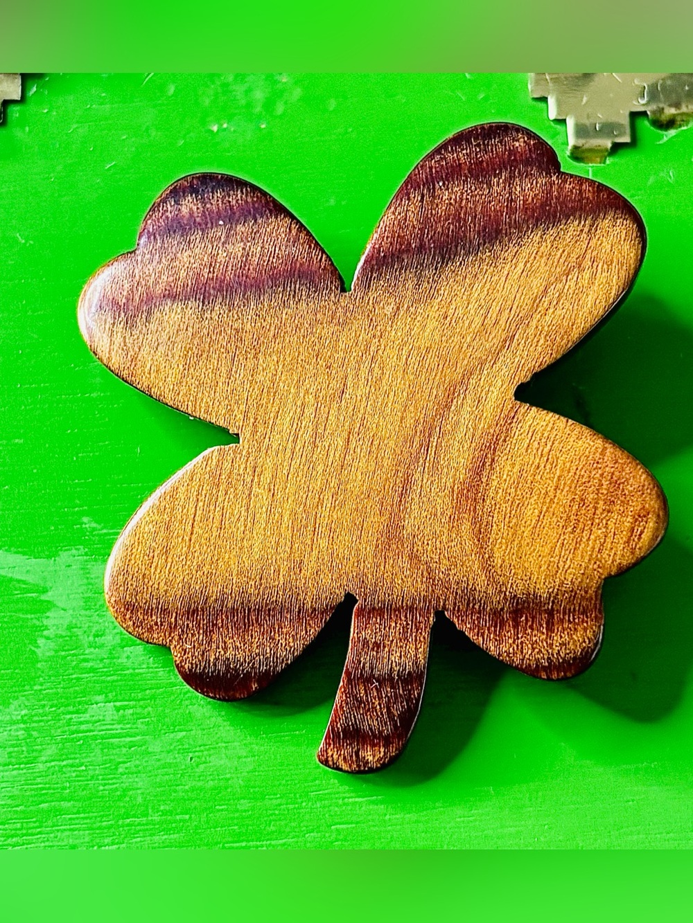 Acacia Wood Shamrock Clover Brooch Pin 2” Handcrafted Lucky Charm